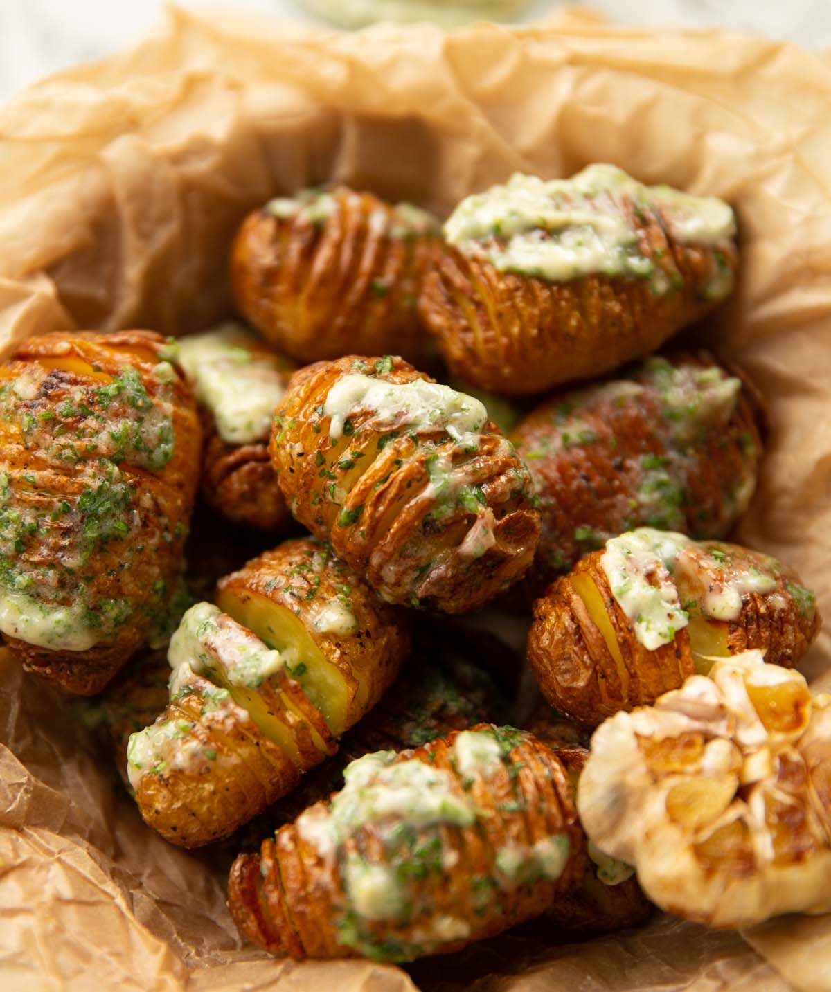 garlic butter potatoes in small basket